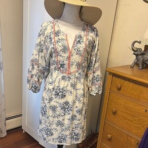 Floral Boho Dress with Blue and Pink Embroidered Accents Size 3X